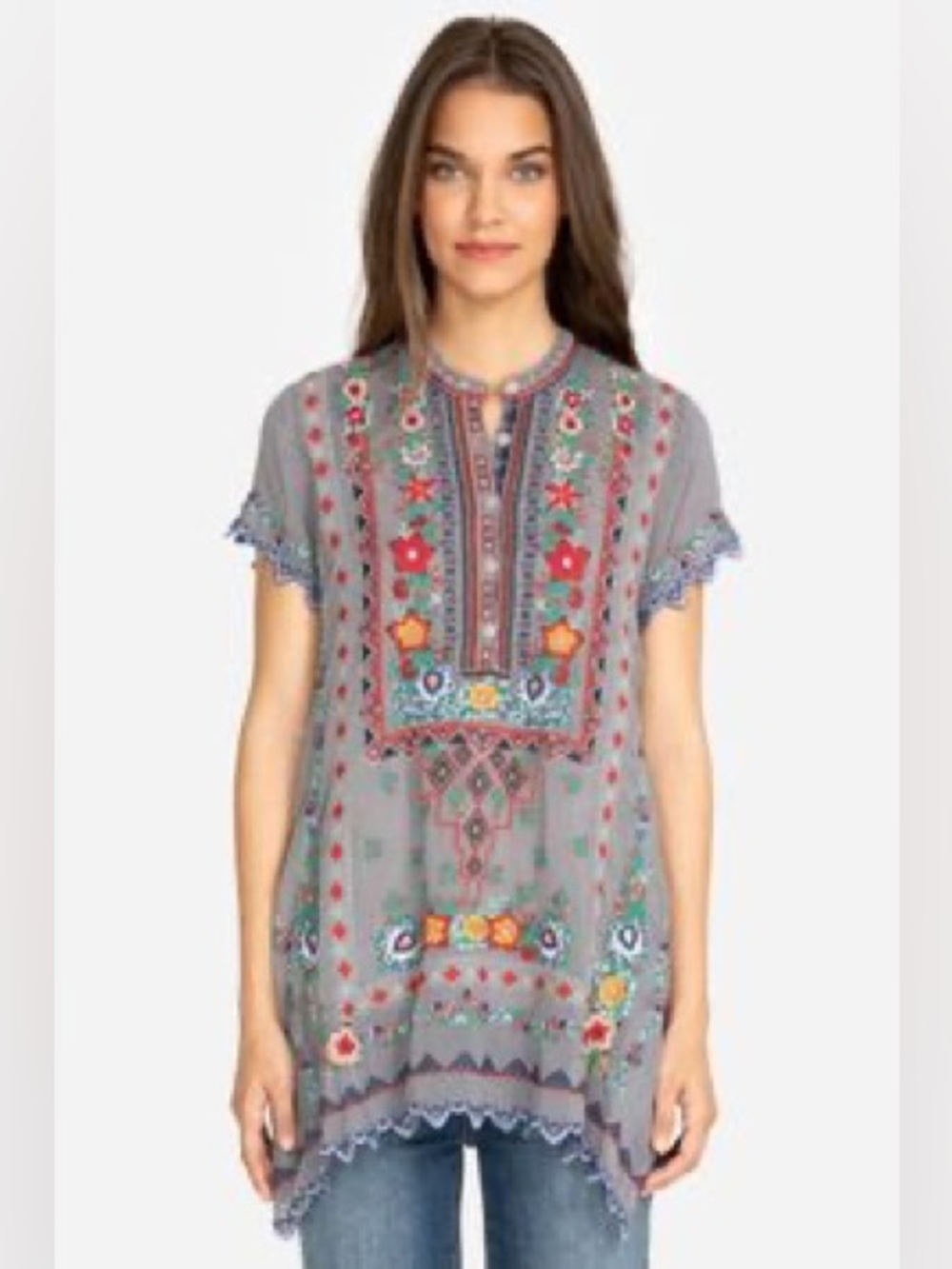Johnny Was Grey Floral Embroidered Short Sleeve Tunic Blouse Size Large